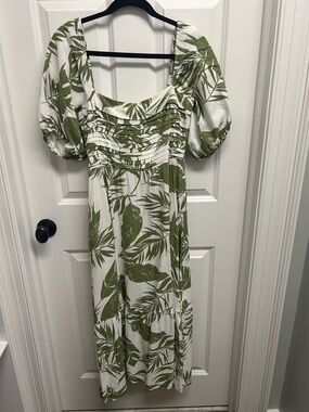 By Together White Midi Dress with Olive Green Leaf Print size small